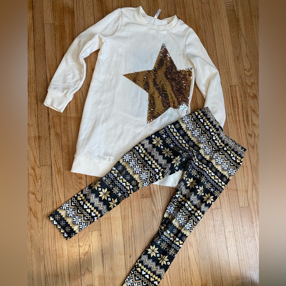 Fab Kids Girl 10-12 Cream Star Flip Sequin Sweater and Patterned Leggings Set